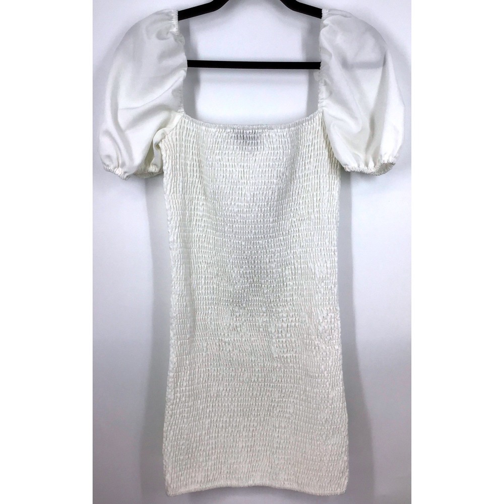 PrettyLittleThing White Smocked Puff Sleeve Square Neck Mini Dress Size 6‎ - Picture 2 of 8